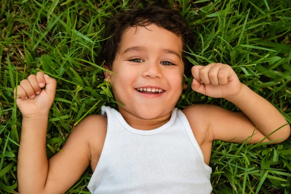 裏庭で遊んで 草の上に横たわって 笑って幸せな男の子 — ストック写真