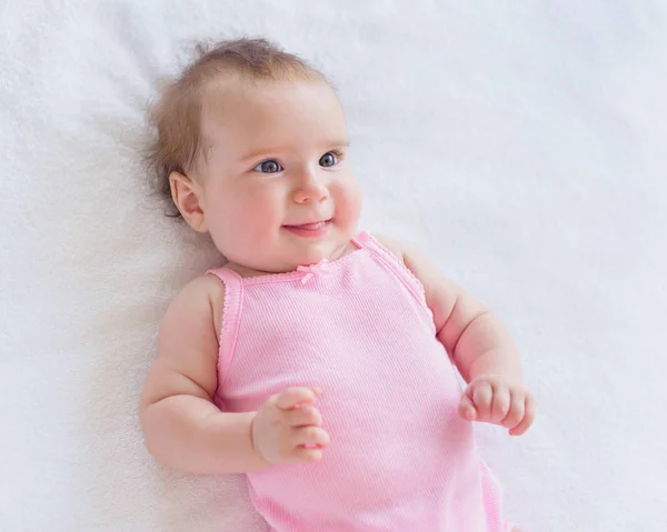 Happy Excited Baby Girl Months Old Resting Bed Watching Mama — Stock Photo, Image