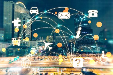 Akıllı şehir ve Internet kavramı. Teknoloji ve iletişim kentsel peyzaj. Bilgi işlem ve arka plan ağ bulut
