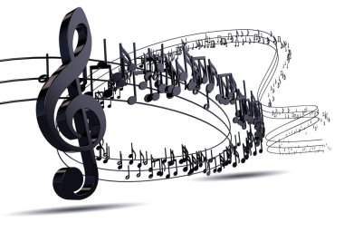 nota ve soyut müzik levha müzik belirtileri 3D çizimi. Müzik arka plan tasarımı. Müzik beyaz bitti izole yazma