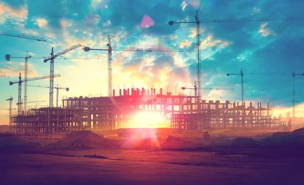 Sunset Landscape Construction Cranes Buildings — Stock Photo, Image