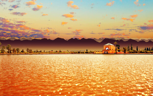 Marrakech Landmark and architecture.Scenic landscape.Scenical Menara garden.Travel to morocco.Marrakech