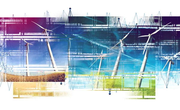 Collage Design Double Exposure Wind Mills Technology Ecology Industry Sustainable — Stock Photo, Image