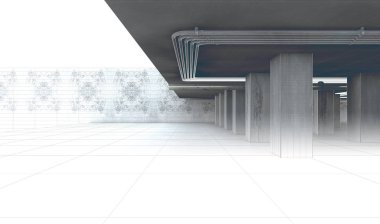 Yapı Ticaret ve beton mimarisi. Çimento sütunları ve bir park inşa. En az cephe cam pencere