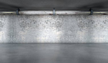 Yapı Ticaret ve beton mimarisi. Çimento sütunları ve parking.3d illüstrasyon inşa. Çimento yapısı ve Vakıflar