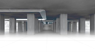Yapı Ticaret ve beton mimarisi. Çimento sütunları ve parking.3d illüstrasyon inşa. Çimento yapısı ve Vakıflar
