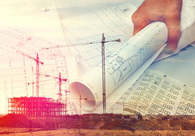 Vinçler, bina ve inşaat kavramı. Mimar ve ve blueprint arka plan