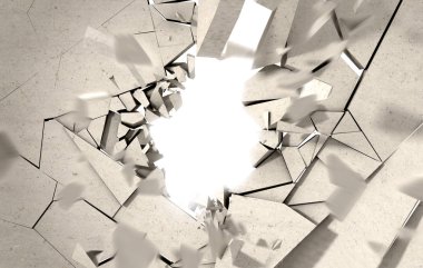 engelleri kırılma kavramı. Çimento ve tuğla wall.3d illüstrasyon ve patlama delik