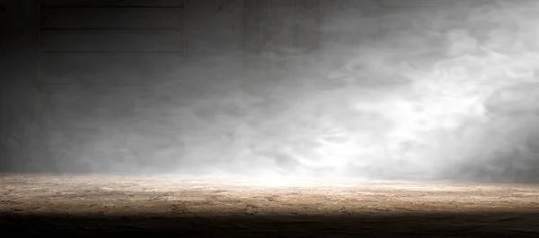 Pusty Pokój Podłogi Betonowe Podłoże Dym Lub Mgła Spotlight Ciemne — Zdjęcie stockowe
