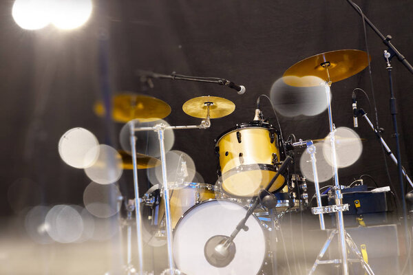 Live music background. Drumset on stage.Concert and show entertainment.Drum on stage and festive event