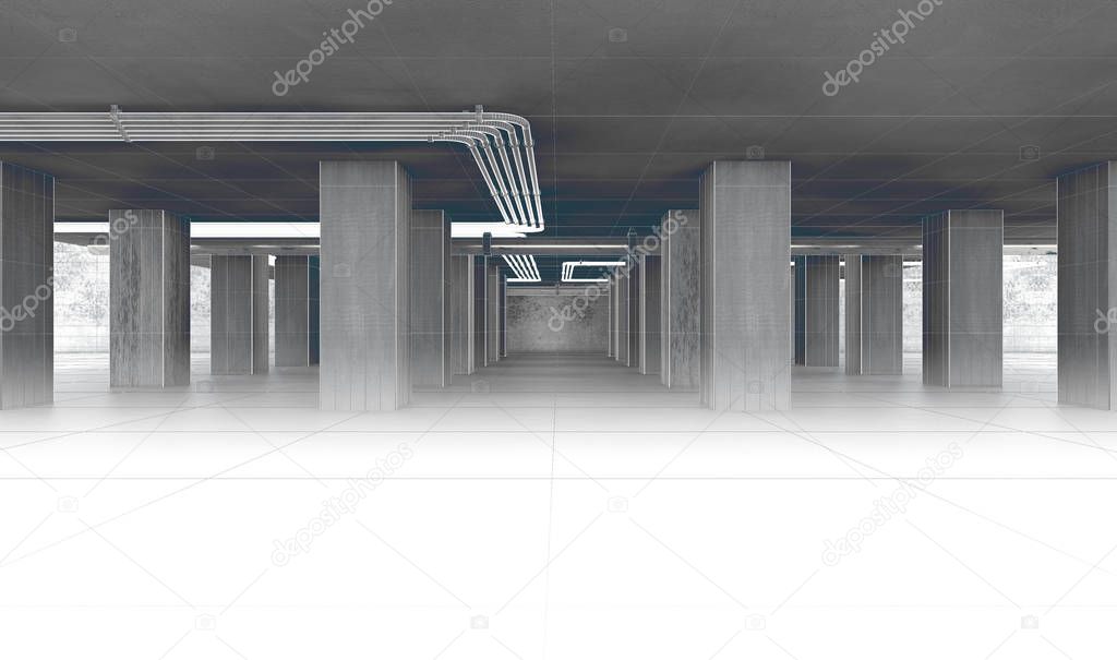 Building trade and concrete architecture.Cement columns and building a parking.3d illustration.Cement structure and foundations