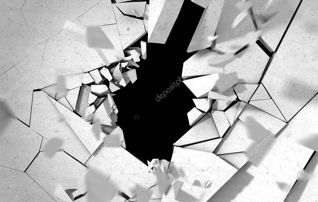 concept of breaking down obstacles.Hole in cement and brick wall.3d illustration.Crack and explosion