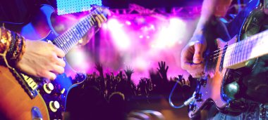Live music and concert.Guitarist and drummer.Night entertainment and festival events.Musical performance on stage.Recreation and music show clipart