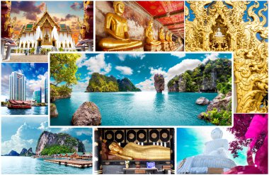 Tayland ve phuket kolaj. Manzara manzara ve konsept tasarımı seyahat. Tatil ve tatil arka plan