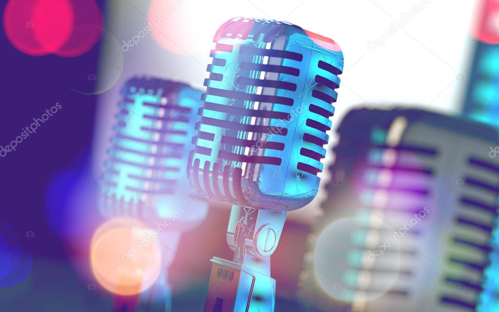 Live music background.Microphone and stage lights.Microphone and stage lights.Concert and music concept.3d illustration