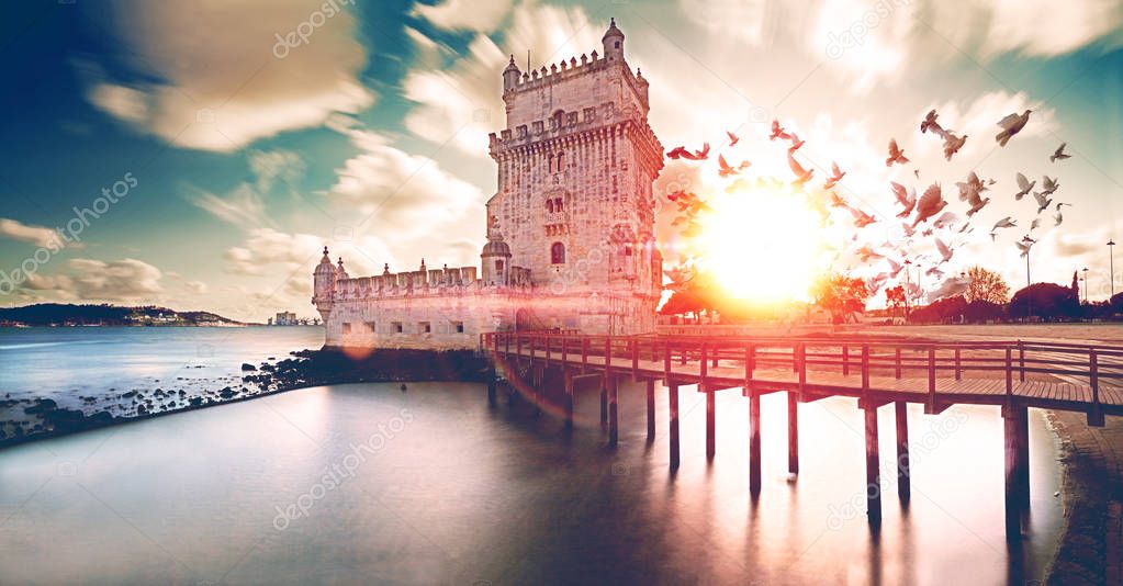 Scenic Belem tower and sunset landscape.Historical building