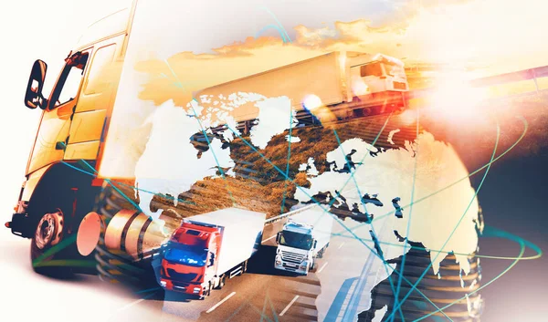 概要デザインの背景トラックとトラック輸送高速道路と配送世界地図と国際線商品の物流と輸送に関連する画像 — ストック写真