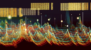Büyük veriler ve iletişim. İnternet ve veri analizi. Ekip çalışması ve IT yazılım programı 33d illüstrasyon. Teknoloji ve bilim geçmişi. Bilgisayar mühendisliği ve zincir konseptini engelleme..