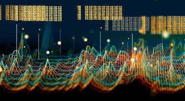 Büyük veriler ve iletişim. İnternet ve veri analizi. Ekip çalışması ve IT yazılım programı 33d illüstrasyon. Teknoloji ve bilim geçmişi. Bilgisayar mühendisliği ve zincir konseptini engelleme..