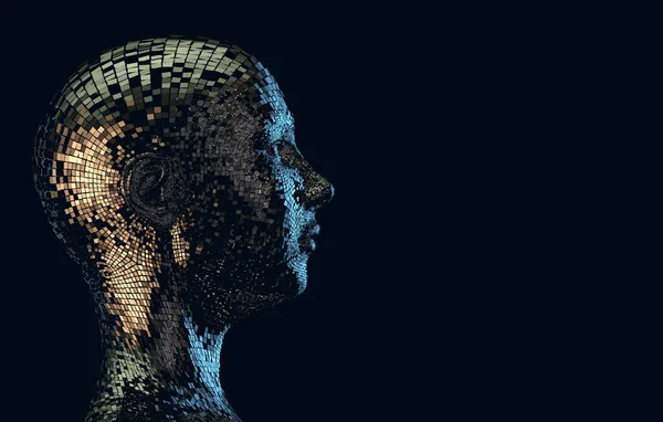 Der Kopf Des Cyborg Auf Schwarzem Hintergrund Illustration Technologie Und — Stockfoto