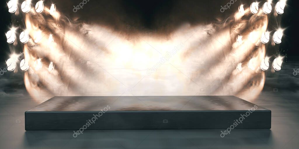 Musical background.Set of lights. Concept of live music and concerts.3d illustration.Stage lights and fog or misty in the dark.