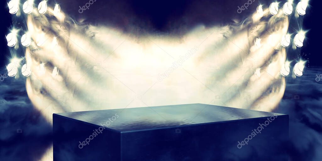Musical background.Set of lights. Concept of live music and concerts.3d illustration.Stage lights and fog or misty in the dark.