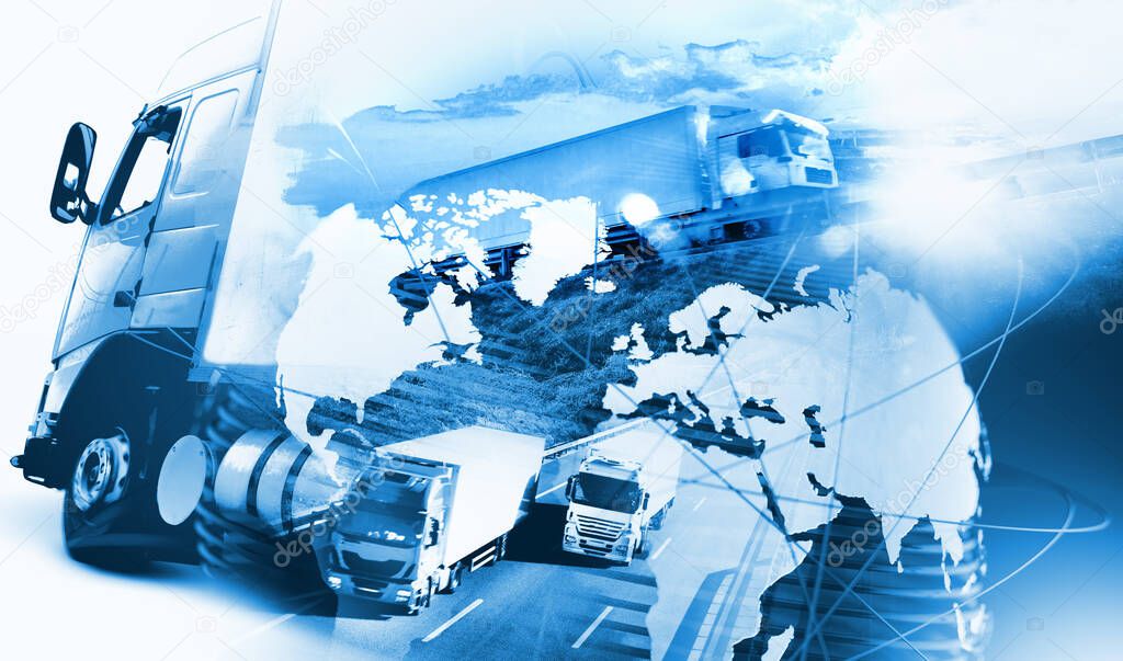 Abstract design background Trucks and lorry transport.Highway and delivering.World map and international freight.Image related to logistic and transport of goods