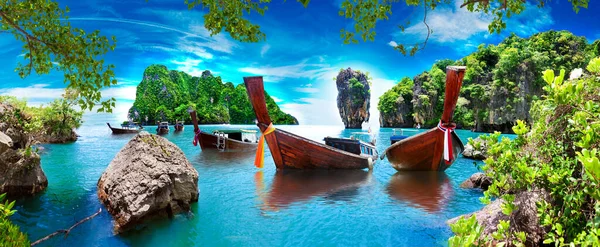 Landschaft Thailand Meer Und Insel Mit Typischen Booten Abenteuer Und — Stockfoto