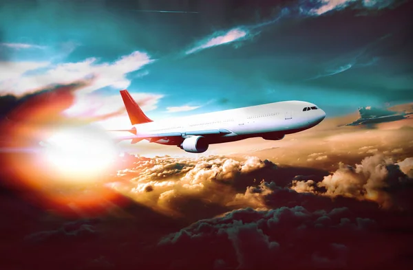 Aeroplane Scenic Sunset Vacations Tourism Flying World Concept Air Travel Stock Photo