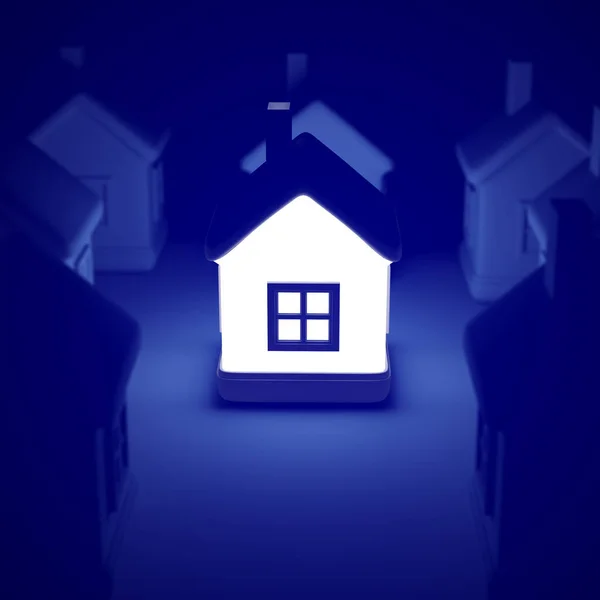 Glowing home on blue background, idea concept. 3d rendering of a lot of houses and a bright house in the middle. — Stock Photo, Image