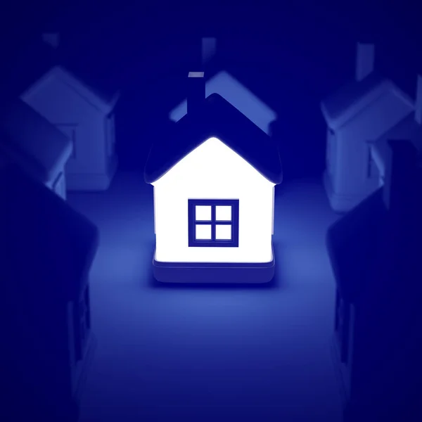 Glühende Heimat auf blauem Hintergrund, Ideenkonzept. 3D-Darstellung von vielen Häusern und einem hellen Haus in der Mitte. lizenzfreie Stockbilder