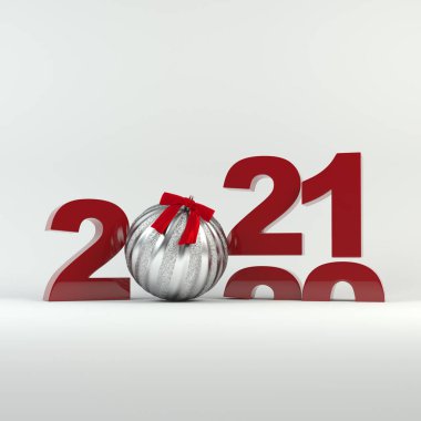 2020-2021 değişimi 2021 yılını temsil ediyor. Kurdeleyle süslenmiş gümüş top. Noel ve Yeni Yıl 2021 dekorasyonu.