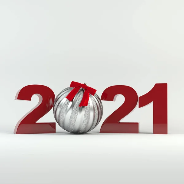 Noel ve Yeni Yıl 2021 dekorasyonu. Kurdeleyle süslenmiş gümüş top.. - Stok İmaj