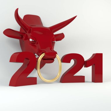 Öküz yılı. Yılbaşı ve Noel illüstrasyonu. 2021 'in boğa burcu sembolü.