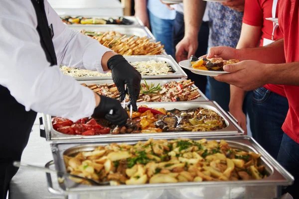 Men Blue Suits Choosing Food Banquet — Stock Photo, Image