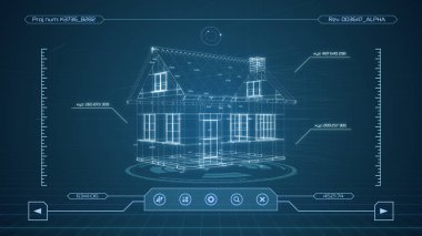 bir cad yazılım, ev tel kafes futuristik bir arayüze model (3d render)