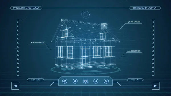futuristic interface of a cad software, house wireframe model (3d render)