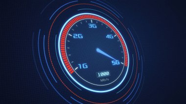 5g teknolojisi, hızlı hareket eden ağ kavramı işaretçisiyle futuristik hız göstergesi (3d render)