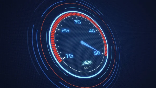 5g teknolojisi, hızlı hareket eden ağ kavramı işaretçisiyle futuristik hız göstergesi (3d render)