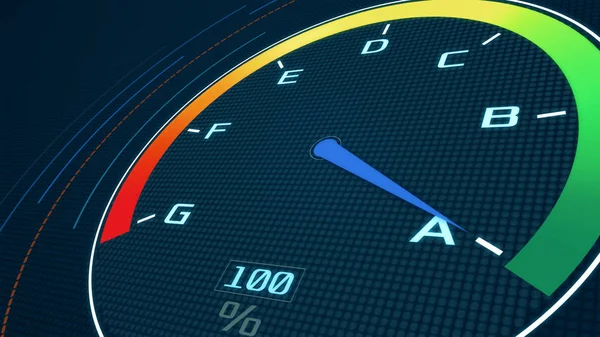 Futurystyczny Prędkościomierz Wskaźnik Który Przechodzi Klasy Klasy Pojęcie Efektywności Energetycznej — Zdjęcie stockowe