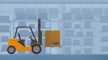 bir karton kutu ile özerk sürüş forklift, Depo otomasyon ve sanayi 4.0, düşük poli karikatür kavramı stil (3d render)