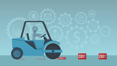 a steamroller and some boxes with the label: cost. Some of them are crushed, concept of cutting costs, business icons on background, 2d flat cartoon style
