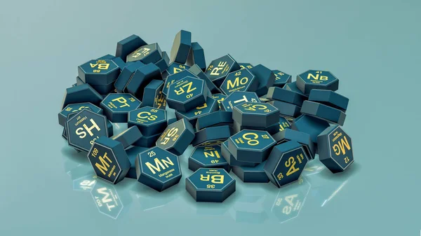 a pile of hexagons with chemical elements symbols (3d render)