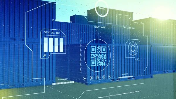 Sklad Hromadami Přepravních Kontejnerů Futuristickým Rozhraním Koncept Moderní Logistiky Rozšířená — Stock fotografie