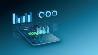 Bir borsa uygulamasına sahip modern akıllı telefon, grafikler ve verilerle geleceksel holografik arayüzü, kopyalama alanı (3d))