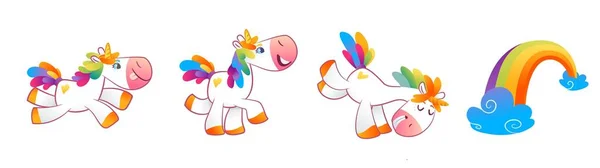 Set Unicorni Con Criniera Arcobaleno Diverse Pose — Foto Stock