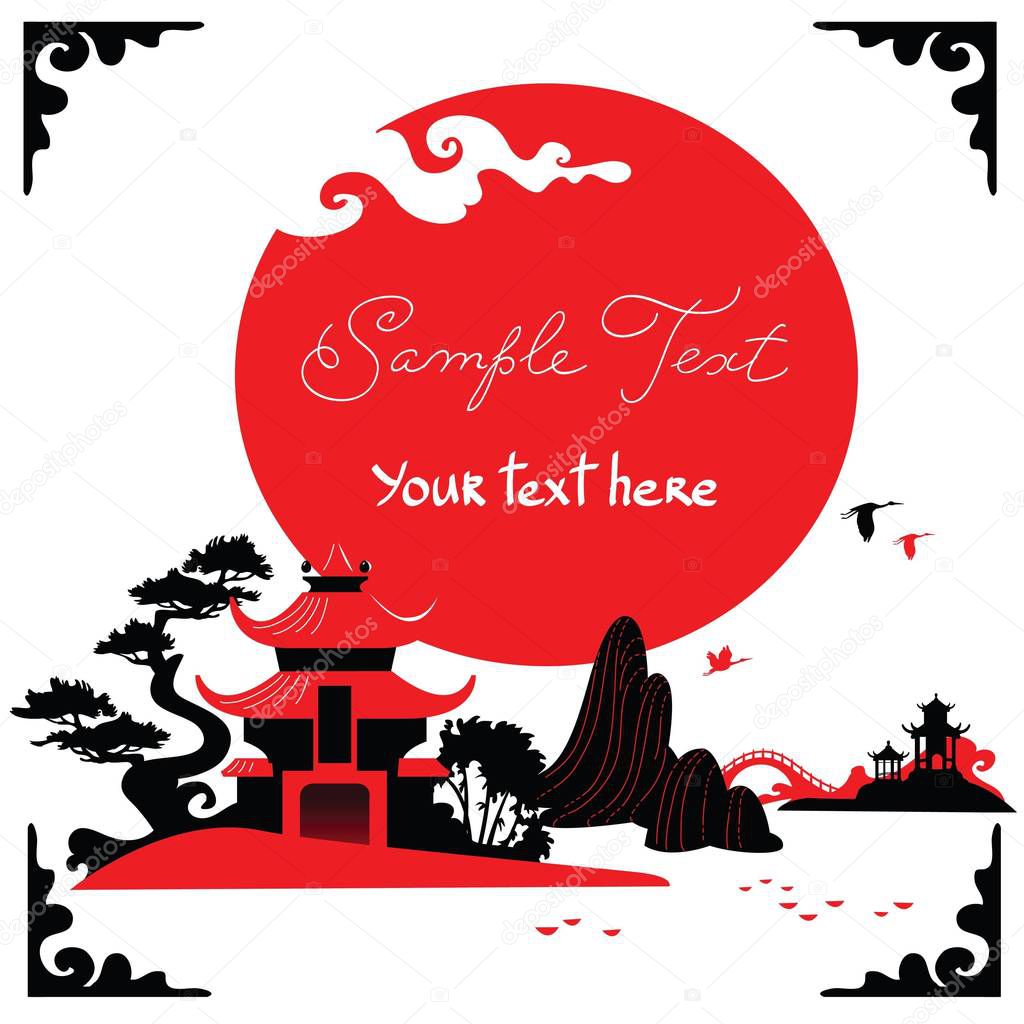 Abstract landscape in traditional asian style with crane, trees and architecture