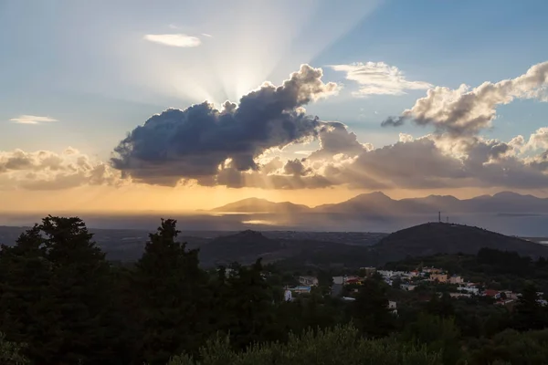 Vista Pôr Sol Com Nuvens Raios Sol Zia Village Kos — Fotografia de Stock