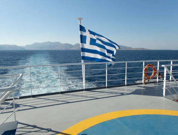 Speed Boat Traces Water Aegean Sea Little Boat Flag Greece — Stock Photo, Image