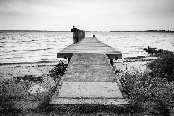 Wooden Pier Sea Nordic Beach Cloudy Weather Black White Colors — Stock Photo, Image